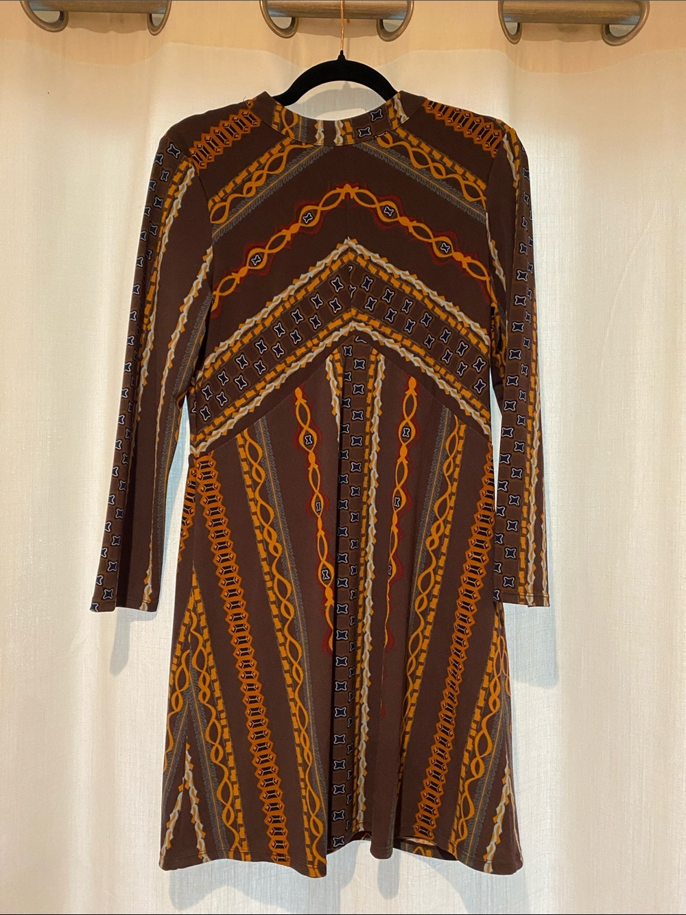 Free People Brown and Orange Patterned Long-Sleeve Dress
